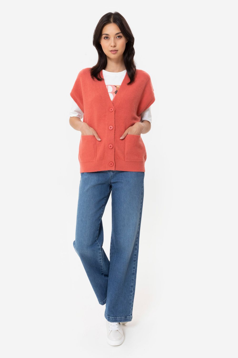 Donkerroze cardigan met debardeurlook