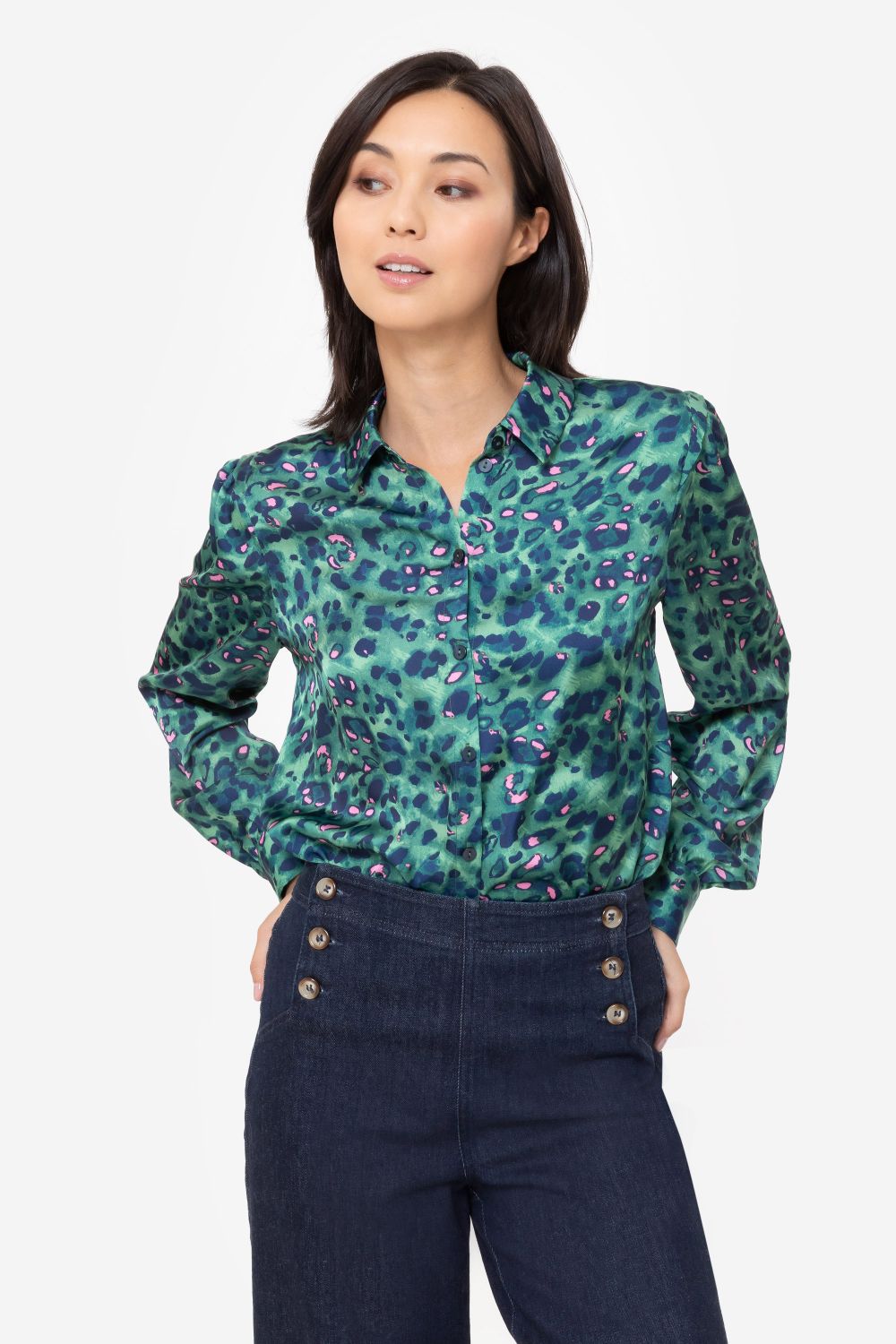 Donkergroene blouse met satijnlook en print