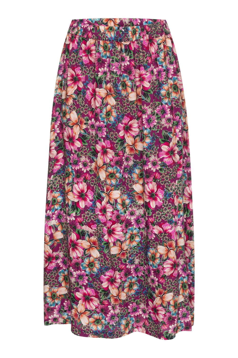 Lange evasé rok met fuchsia bloemenprint