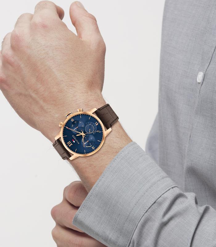 Tommy Hilfiger - Dress - Man - Bruine Band -  Blauwe Wijzerplaat - Roosgouden Kast