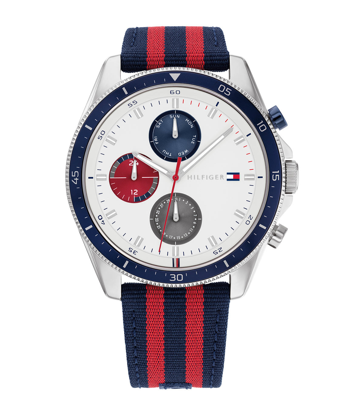Tommy Hilfiger - Casual - Man - Blauw/Rode Band -  Witte Wijzerplaat - Zilveren Kast