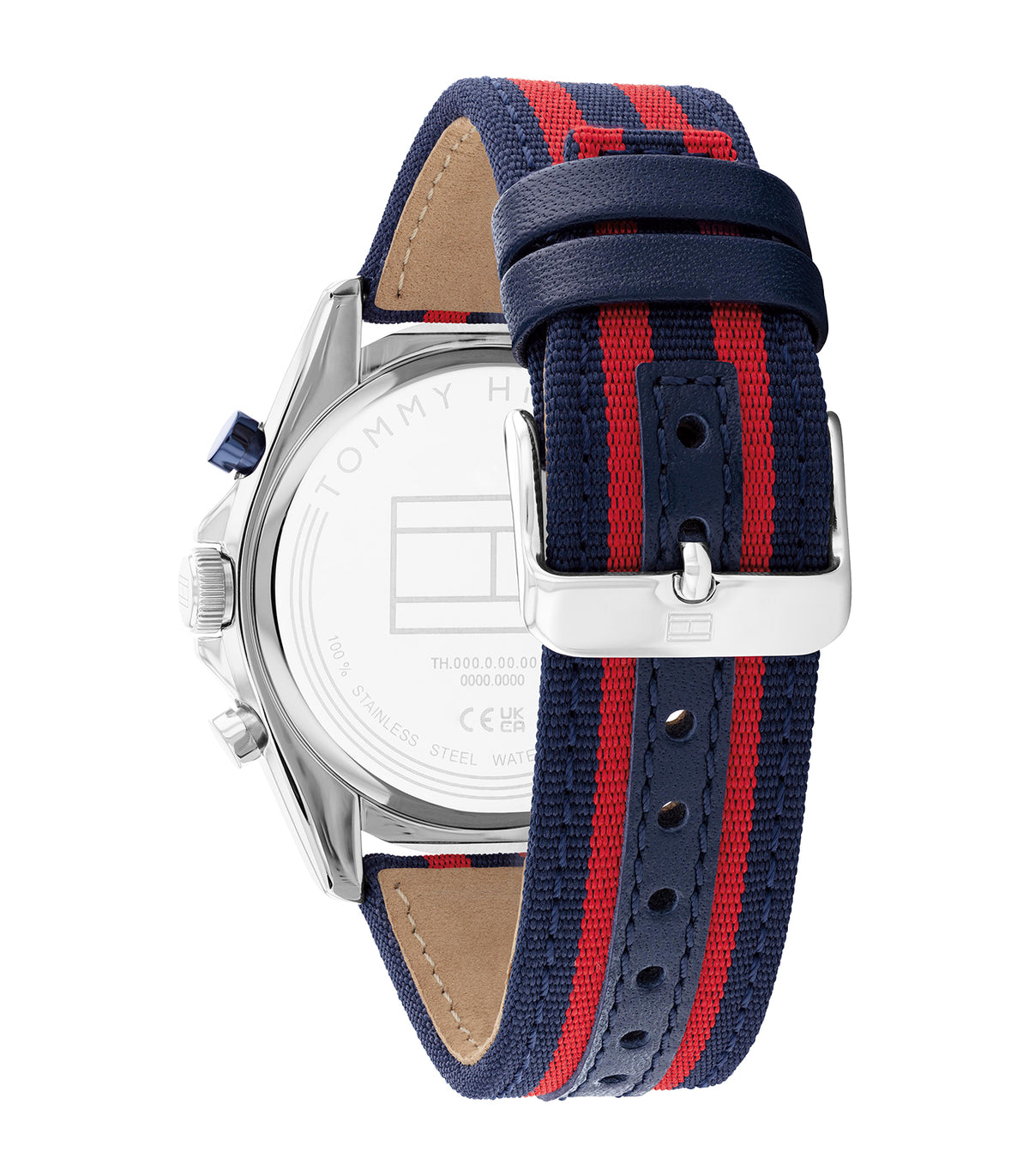 Tommy Hilfiger - Casual - Man - Blauw/Rode Band -  Witte Wijzerplaat - Zilveren Kast