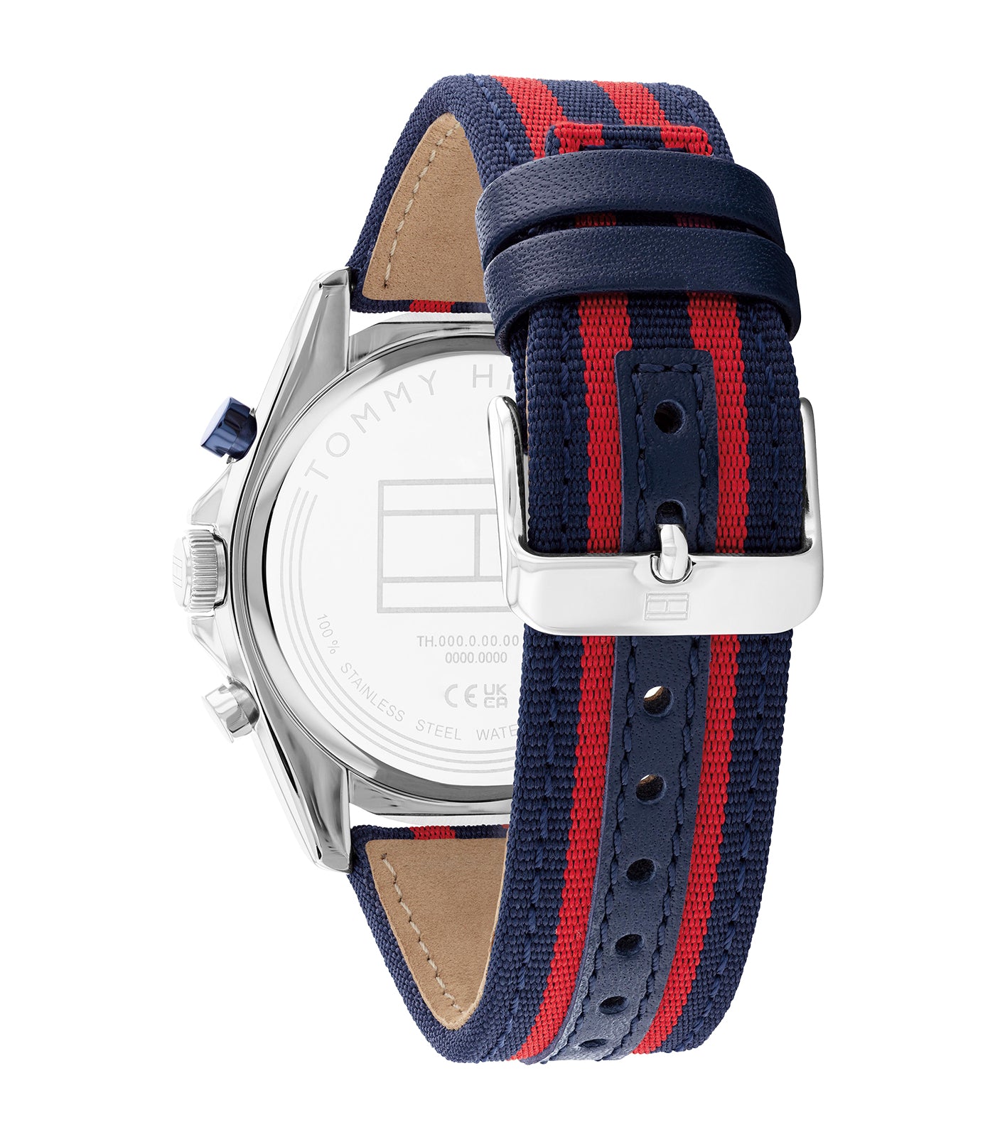 Tommy Hilfiger - Casual - Man - Blauw/Rode Band -  Witte Wijzerplaat - Zilveren Kast