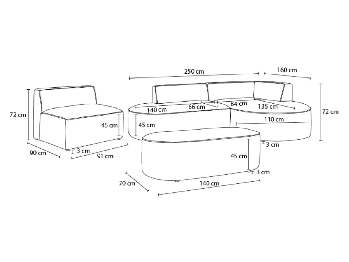 Vaste hoekbank ROUSSEAU in ribfluweel met 1 chaise longue en 1 poef
