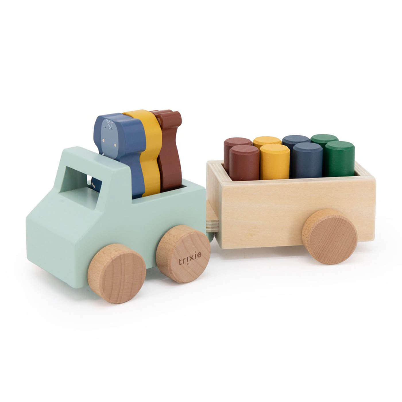 Houten dierenauto met aanhangwagen
