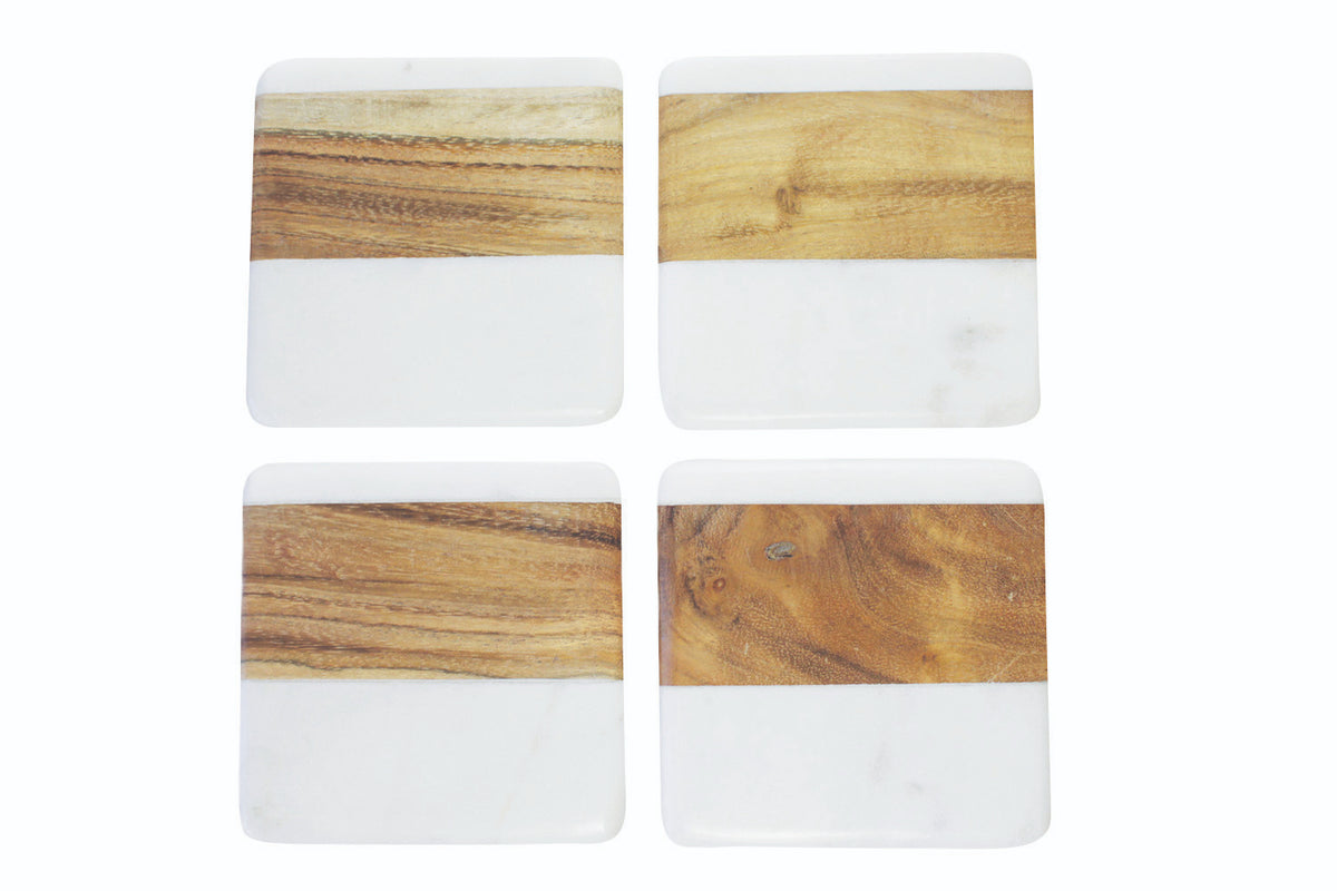 White Marble & Wood Square Coasters, Set of 4