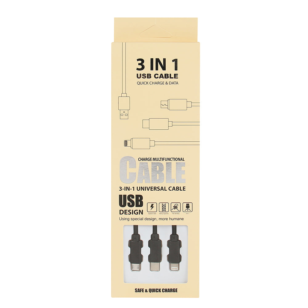Kabel 3 In 1 (Lightning/Micro Usb/Usb-C) - Zwart