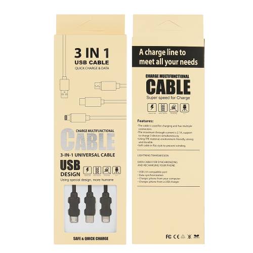 Kabel 3 In 1 (Lightning/Micro Usb/Usb-C) - Zwart