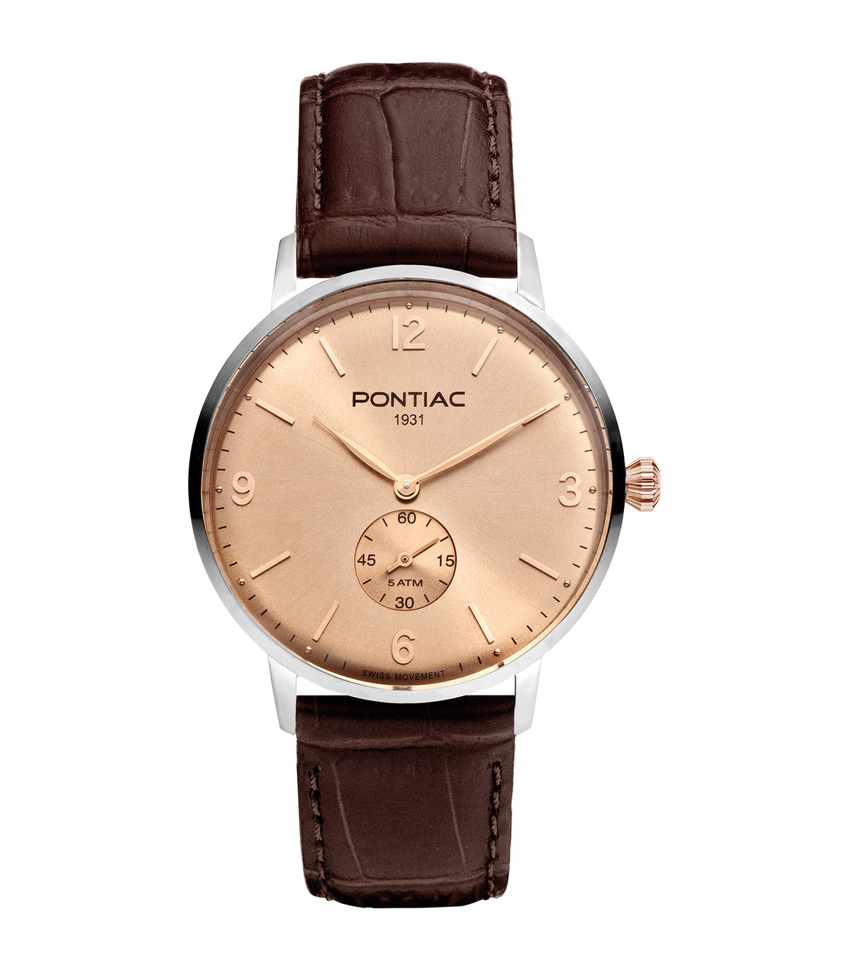 Pontiac - Arthur - Homme - Bruine Band - Roségouden Wijzerplaat - Stalen / Roségouden Kast