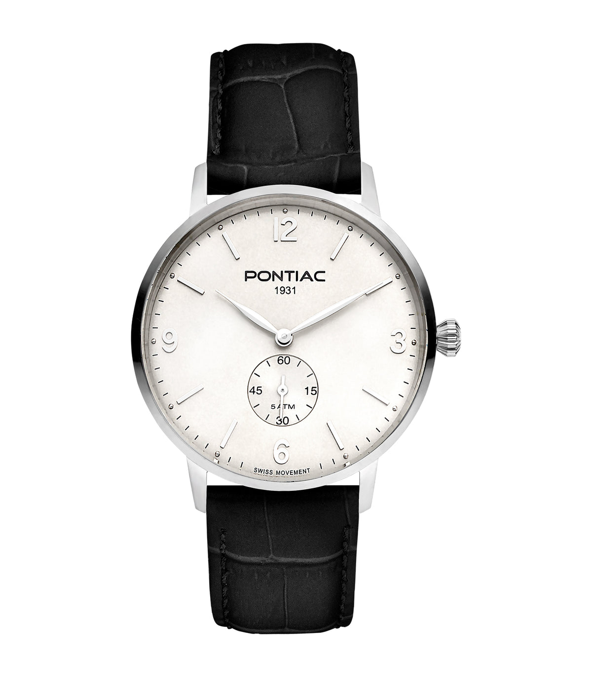 Pontiac - Arthur - Homme - Zwarte Band - Witte Wijzerplaat - Zilveren Kast