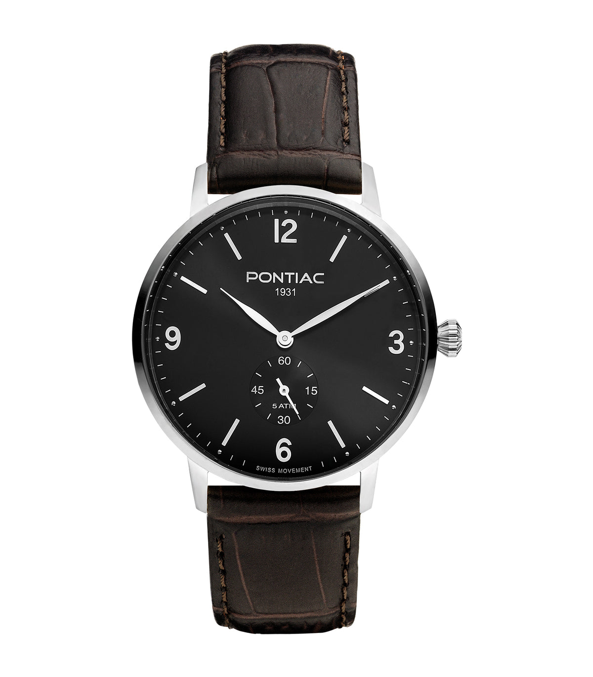 Pontiac - Arthur - Homme - Bruine Armband - Zwarte Wijzerplaat - Zilveren Kast