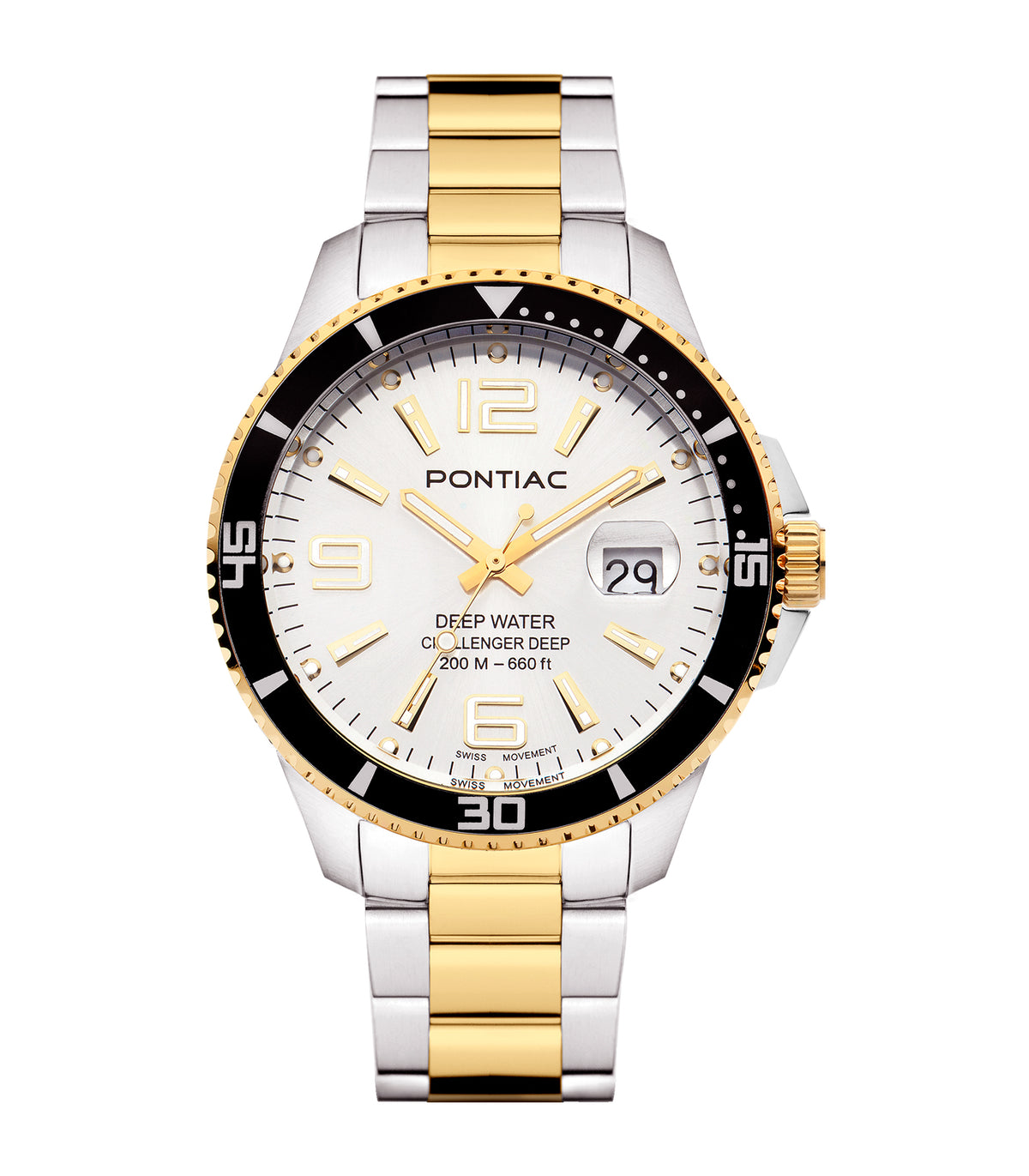 Pontiac - Deep Water - Homme - Staal/Geelgouden Armband - Witte Wijzerplaat - Verzilverde Kast