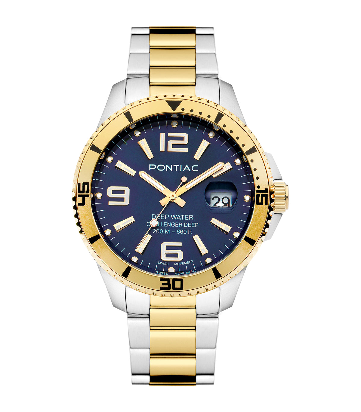 Pontiac - Deep Water - Homme - Staal/Geelgouden Armband - Witte Wijzerplaat - Verzilverde Kast