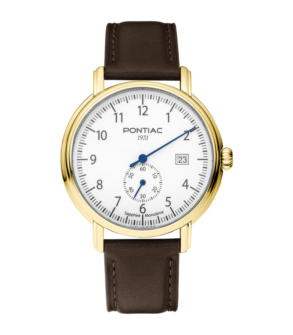 Pontiac - Monotime - Homme - Bruine Band - Witte Wijzerplaat - Geelgouden Kast