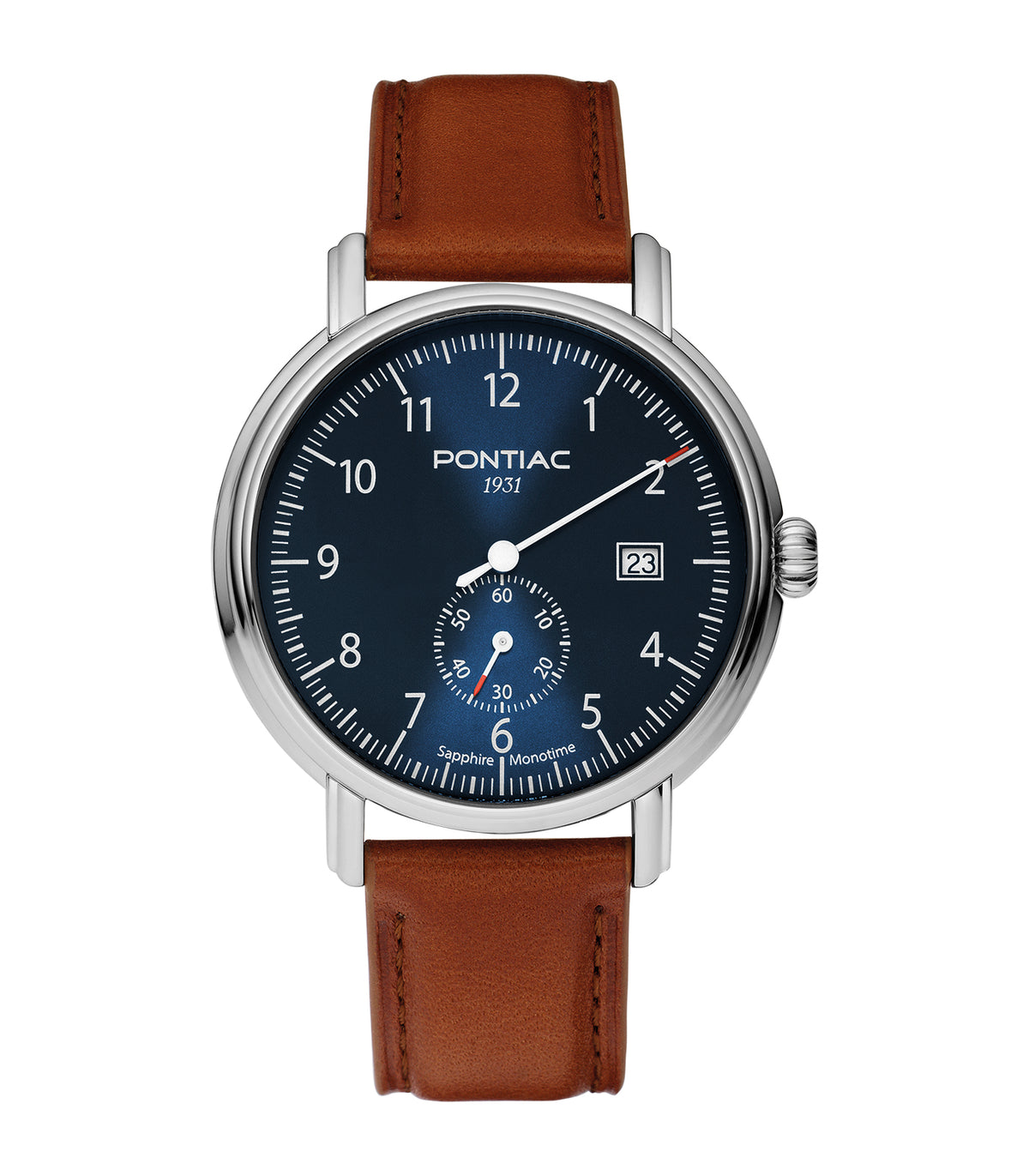 Pontiac - Monotime - Homme - Bruine Armband - Blauwe Wijzerplaat - Zilveren Kast