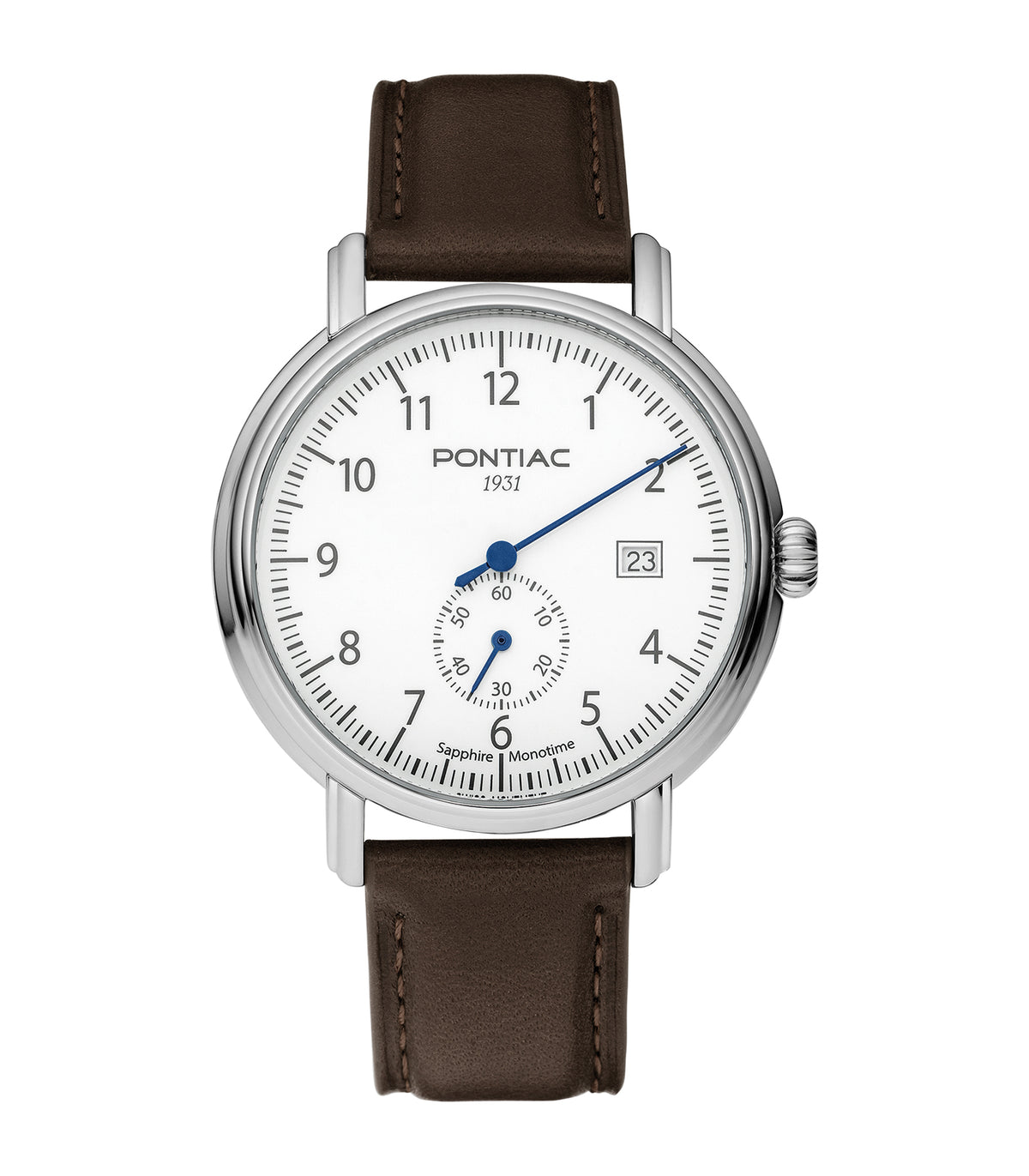 Pontiac - Monotime - Homme - Bruine Armband - Witte Wijzerplaat - Zilveren Kast