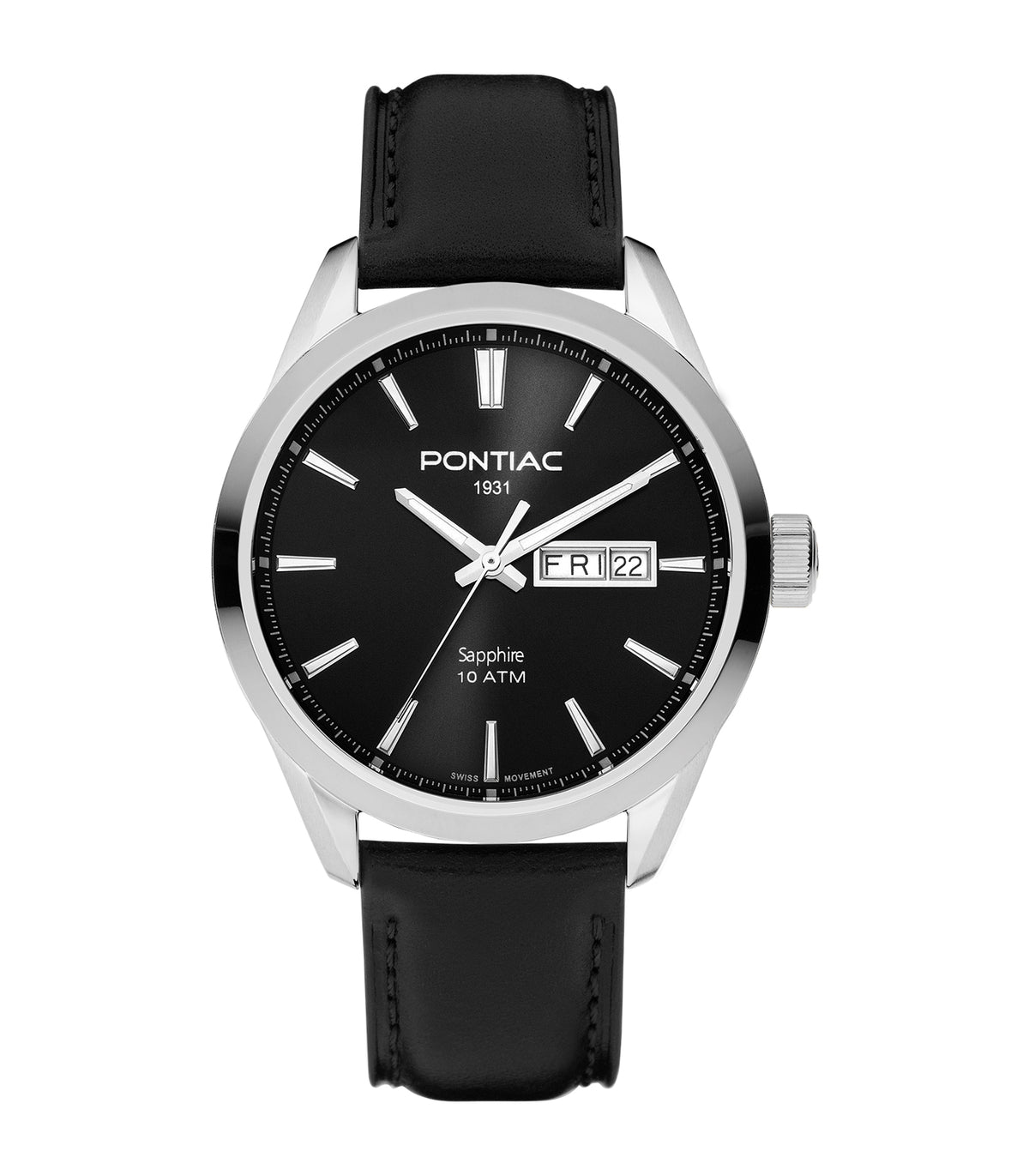 Pontiac - Victor - Homme - Zwarte Band - Zwarte Wijzerplaat - Zilveren Kast