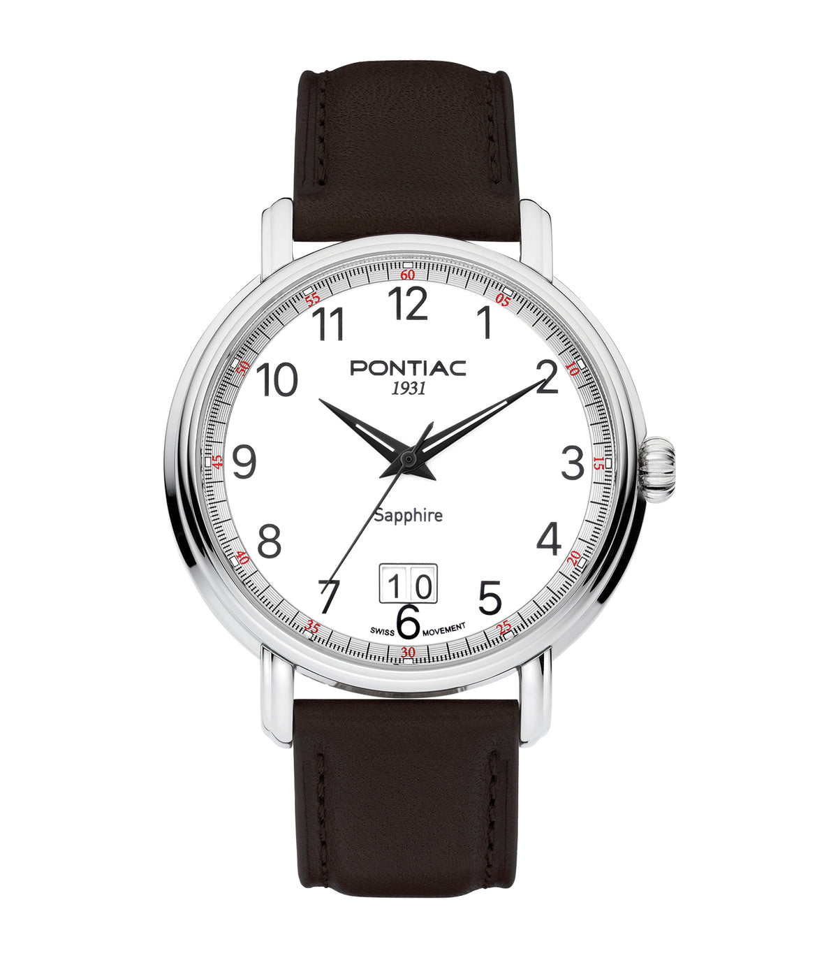 Pontiac - Eric - Homme - Bruine Armband - Witte Wijzerplaat - Zilveren Kast