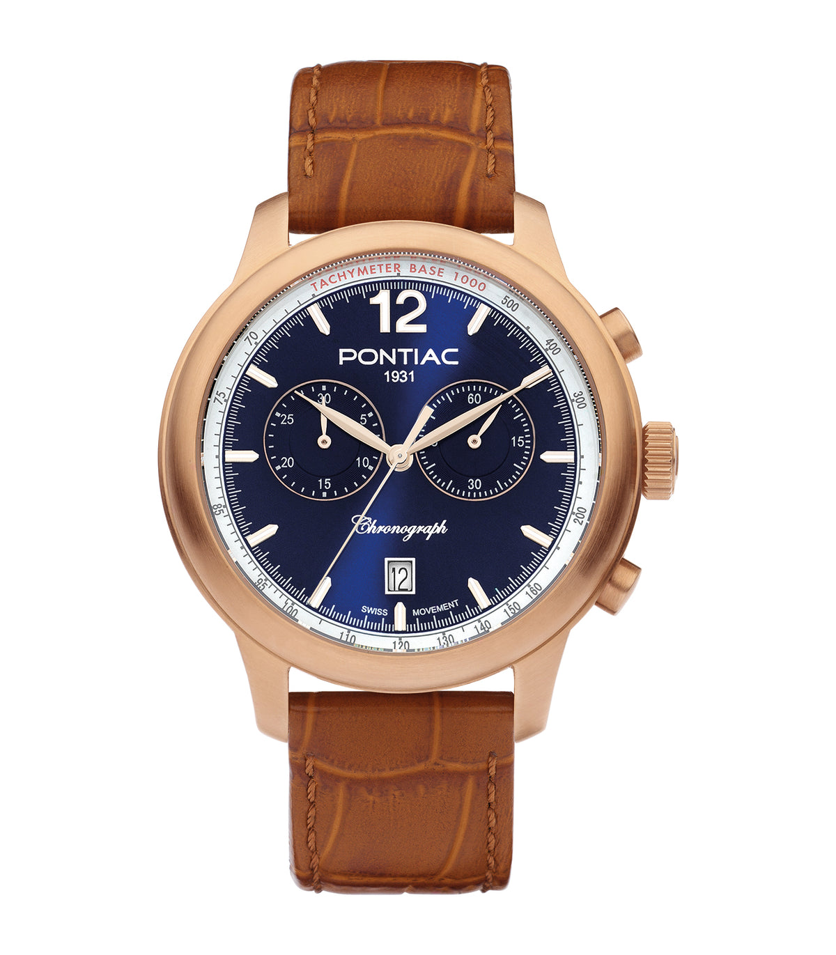 Pontiac - Henry - Homme - Camel Armband - Blauwe Wijzerplaat - Roségouden Kast