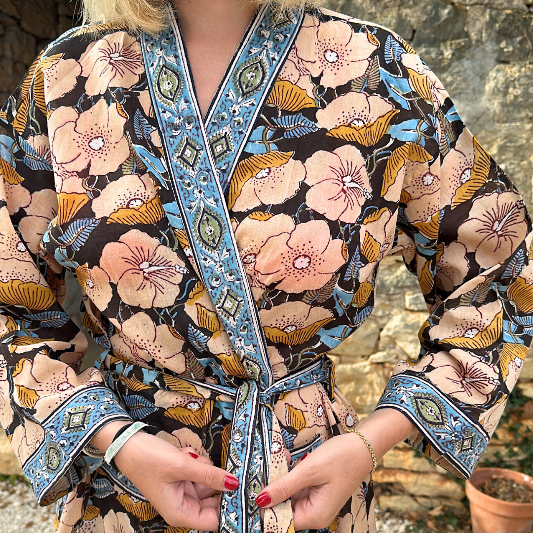 Kimono Madras Noir en voile de coton