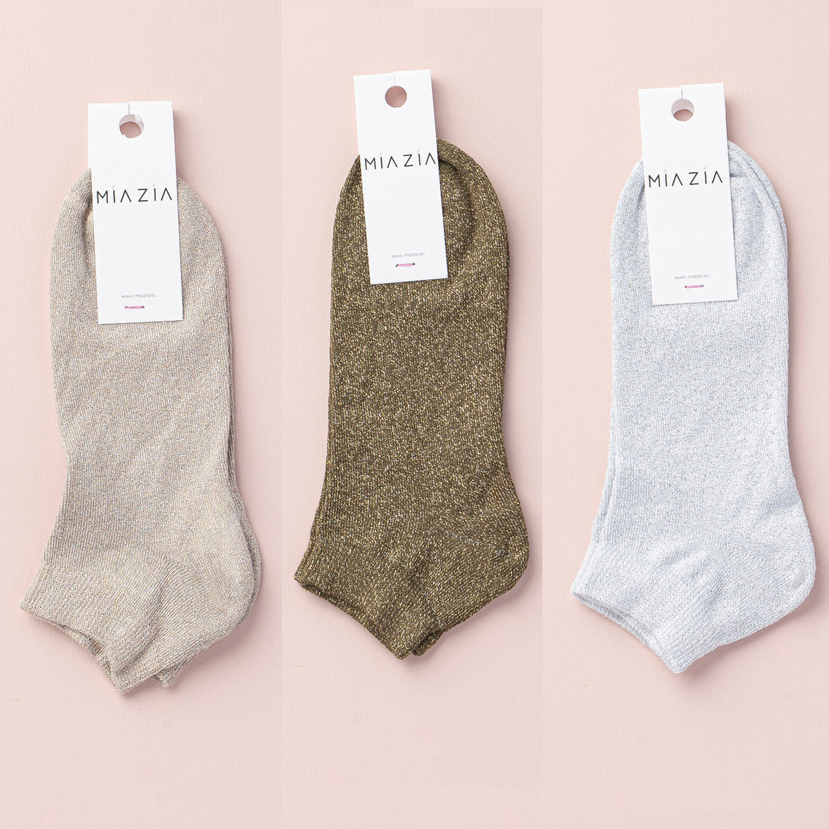 Mia Zia - Pack de 3 paires de chaussettes Sneakers glitter Beige, Kaki &amp; Light Grey