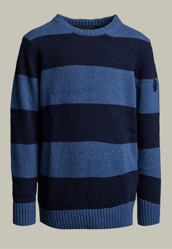 Custom Fit Woolen Striped Sweater Denim Mix - Blauw