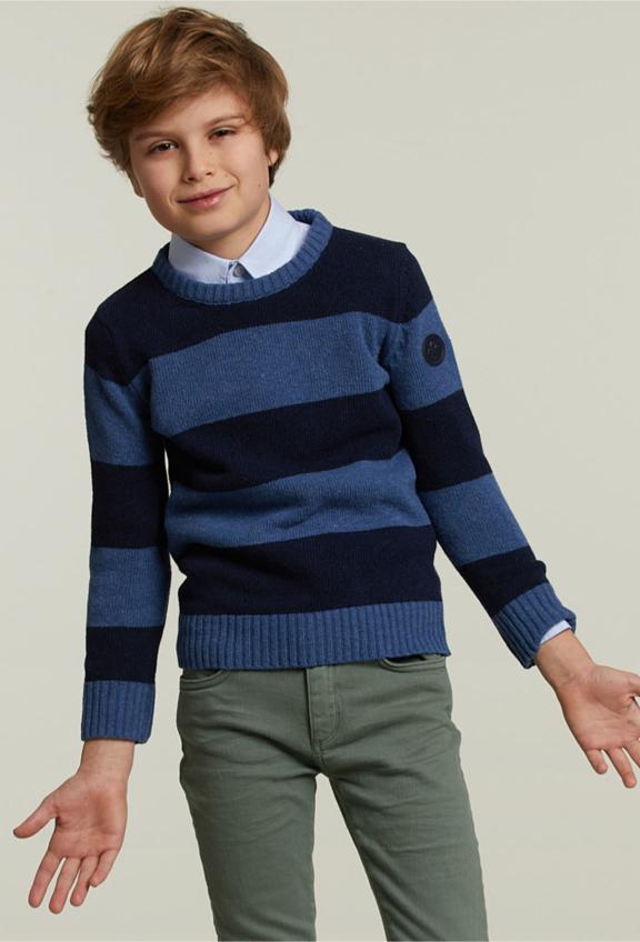 Custom Fit Woolen Striped Sweater Denim Mix - Blauw