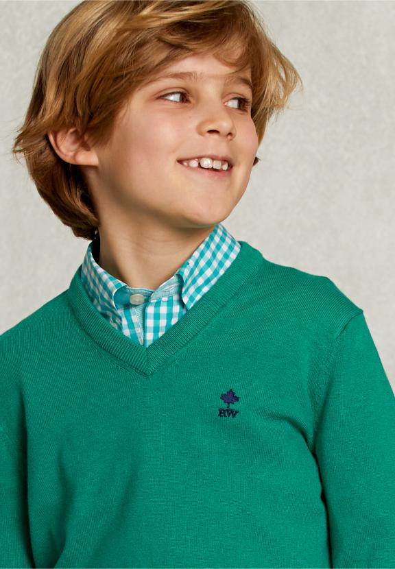 Normal Fit Basic V-Neck Pullover Green Twist Mix - Vert