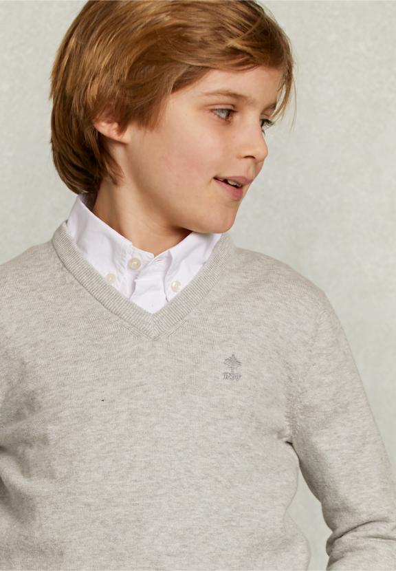 Normal Fit Basic V-Neck Pullover Oyster Mix - Gris