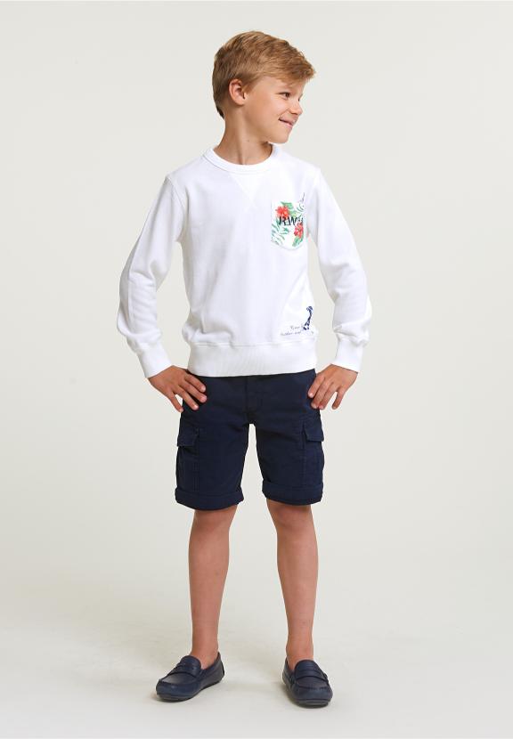 Fancy Crew Neck Sweater Chest Pocket Off White - Blanc
