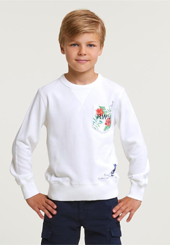 Fancy Crew Neck Sweater Chest Pocket Off White - Blanc