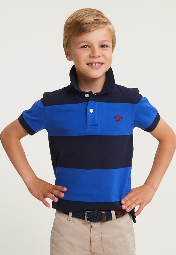 Custom Fit Striped Stretch Polo Navy/Evening Blue - Blauw