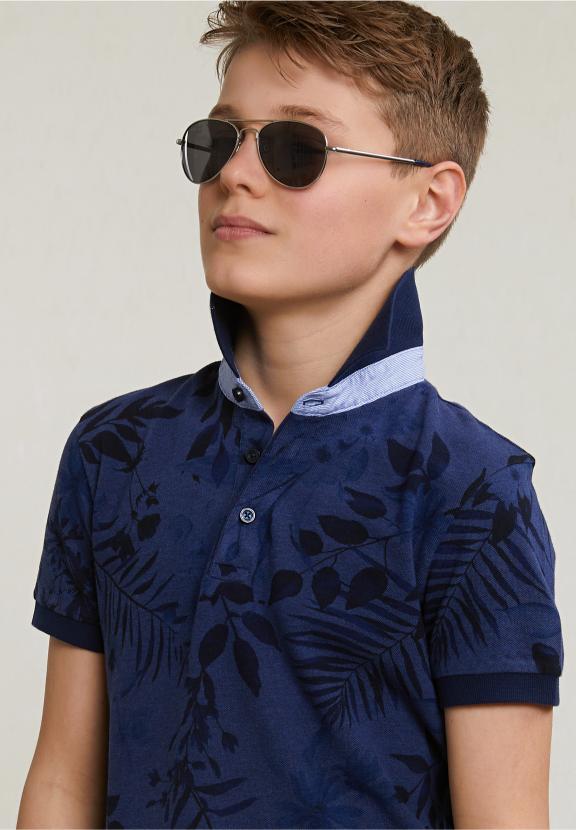 Custom Fit Cotton Floral Polo Short Sleeves Saphire Mix - Blauw