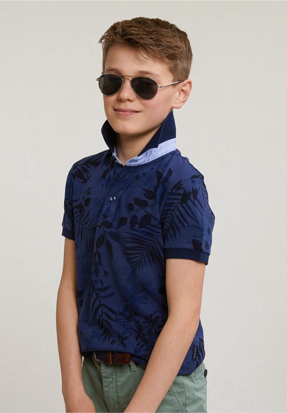 Custom Fit Cotton Floral Polo Short Sleeves Saphire Mix - Blauw