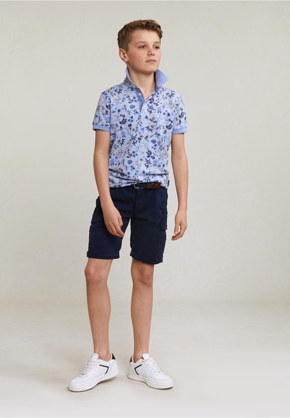 Custom Fit Cotton-Linen Floral Polo Chambray Mix - Blauw