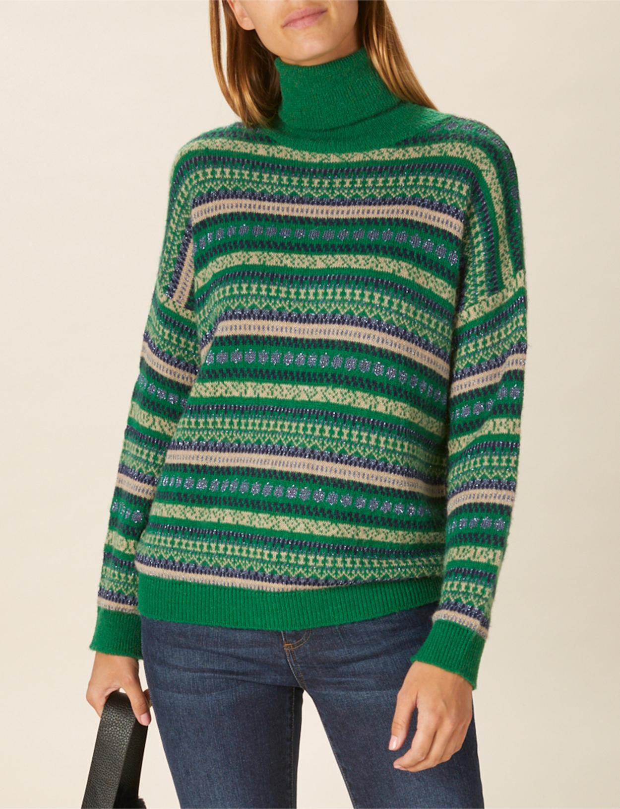 Turtle Neck Jacquard Pullover In Green - Vert
