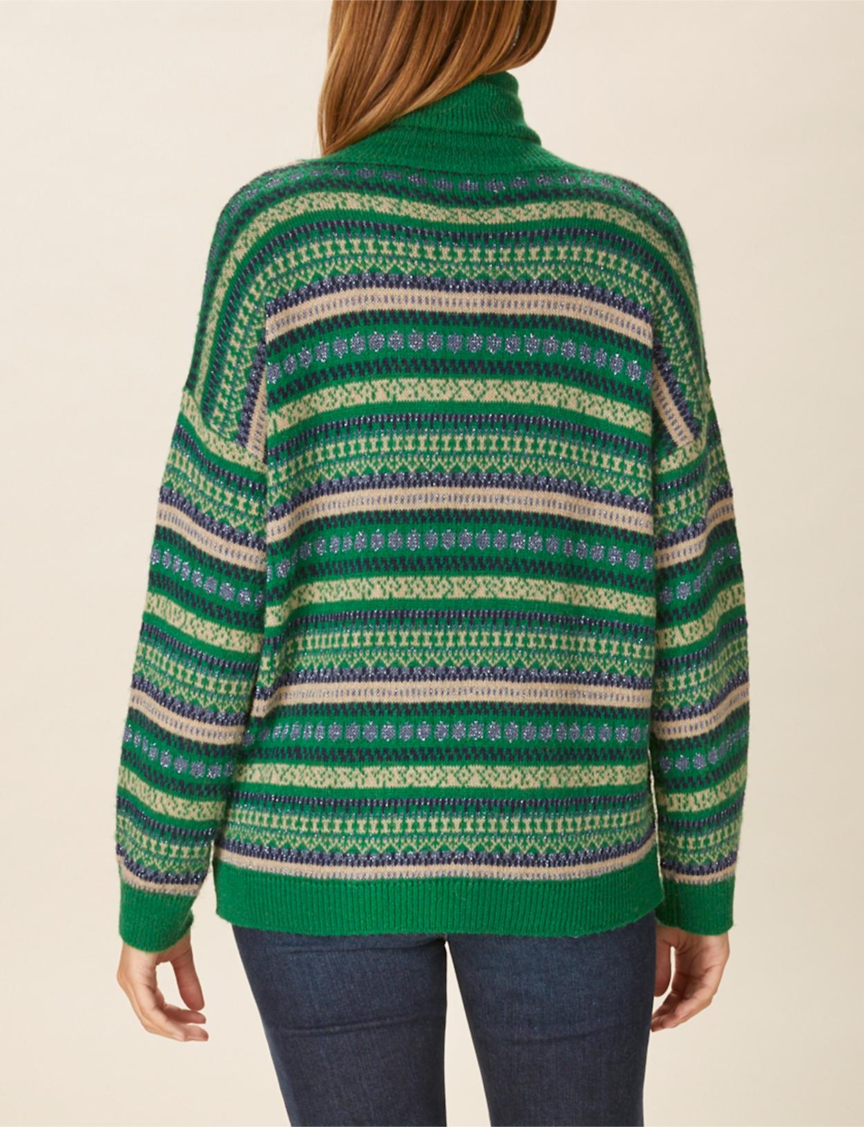 Turtle Neck Jacquard Pullover In Green - Vert
