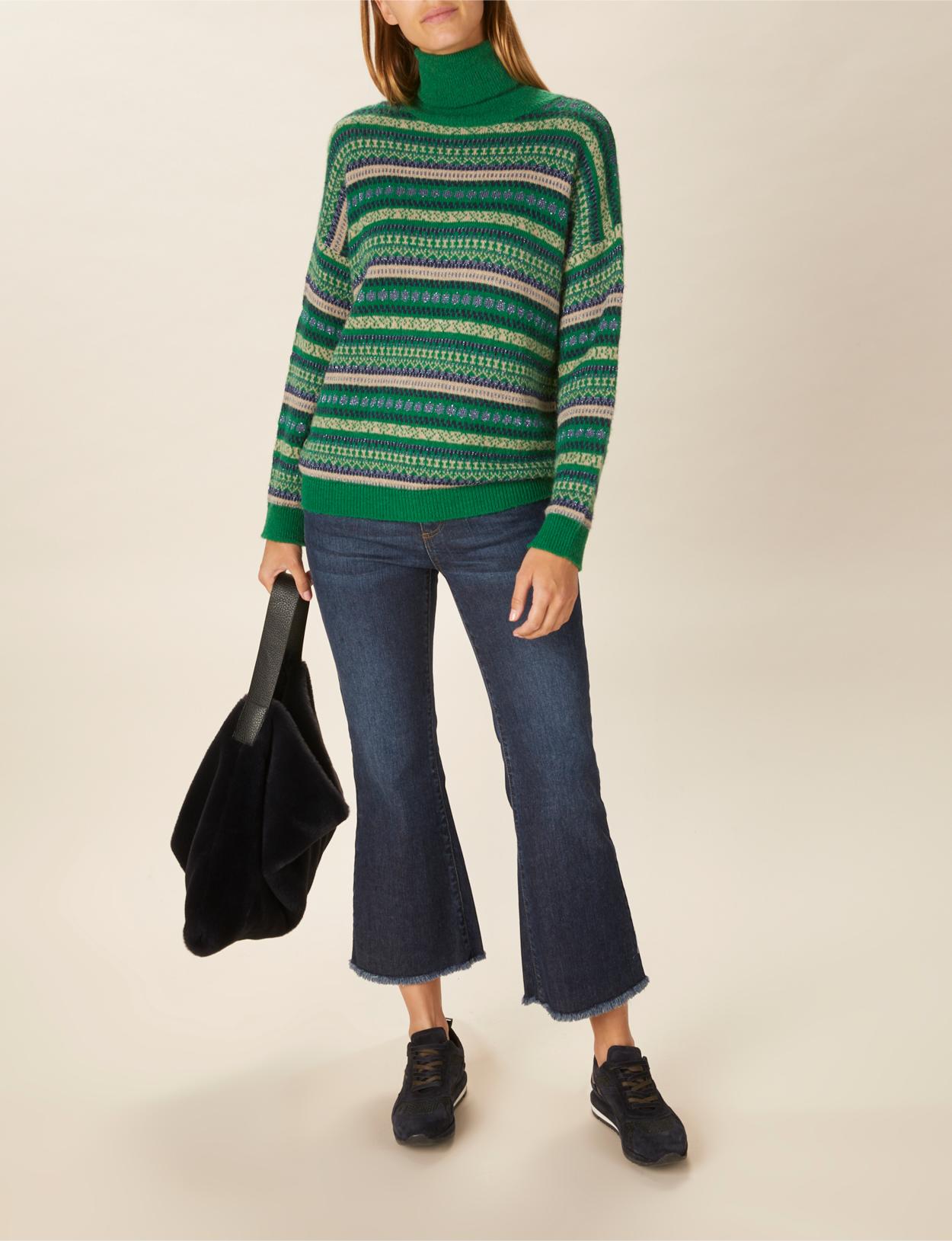 Turtle Neck Jacquard Pullover In Green - Vert