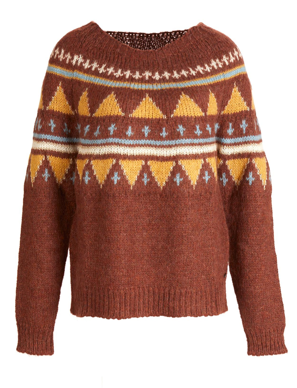 Round Neck Jacquard Pullover In Brown - Marron
