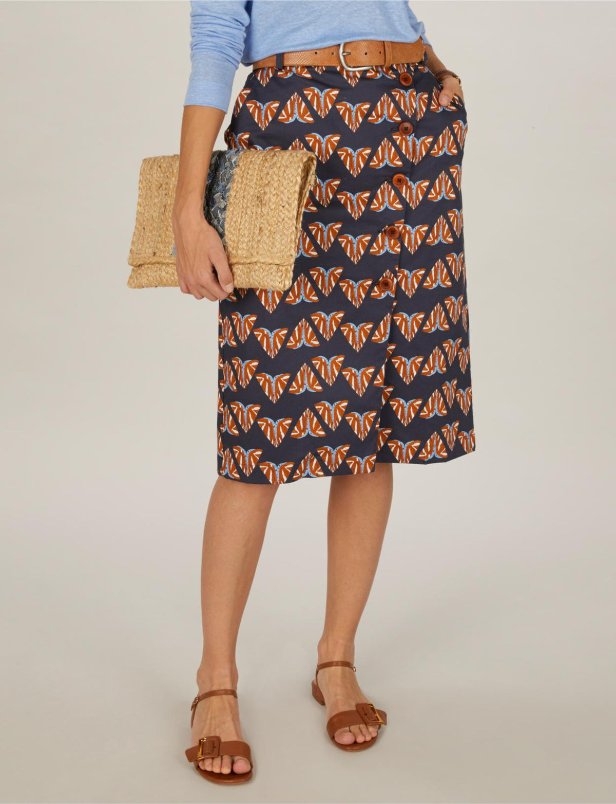 Cotton Pencil Skirt In Blue - Blauw