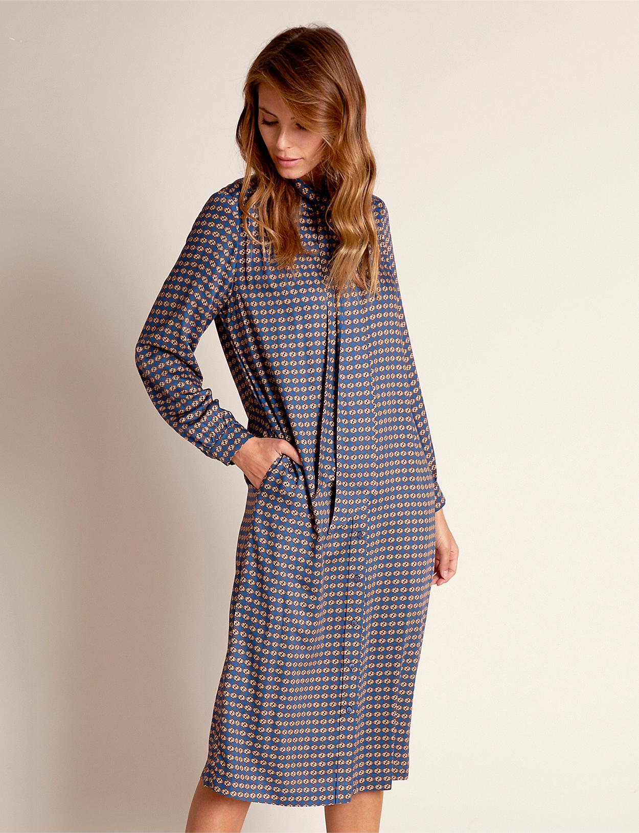 Viscose Mock Neck Shirt Dress In Blue - Blauw