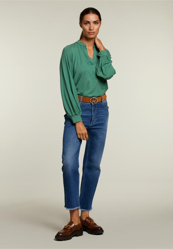 Green V-Neck T-Shirt Balloon Sleeves - Groen