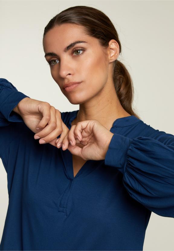 Blue V-Neck T-Shirt Balloon Sleeves - Blauw