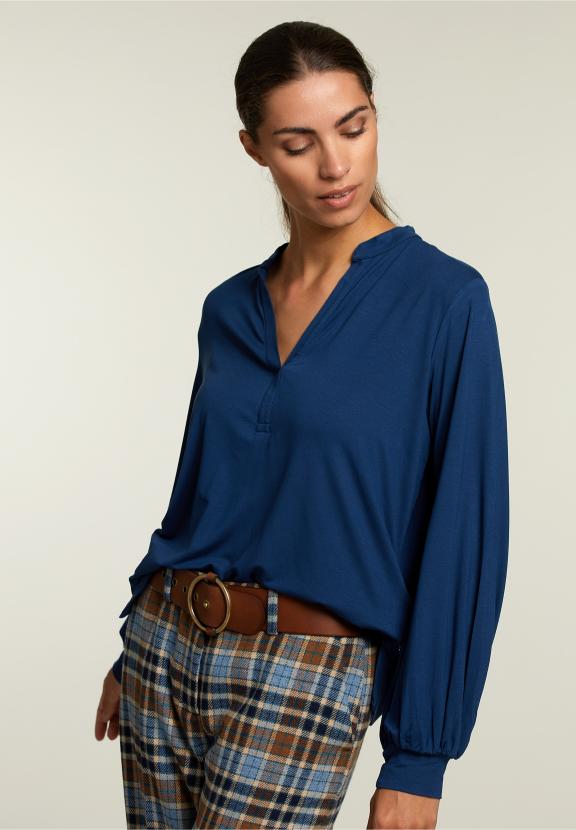 Blue V-Neck T-Shirt Balloon Sleeves - Blauw
