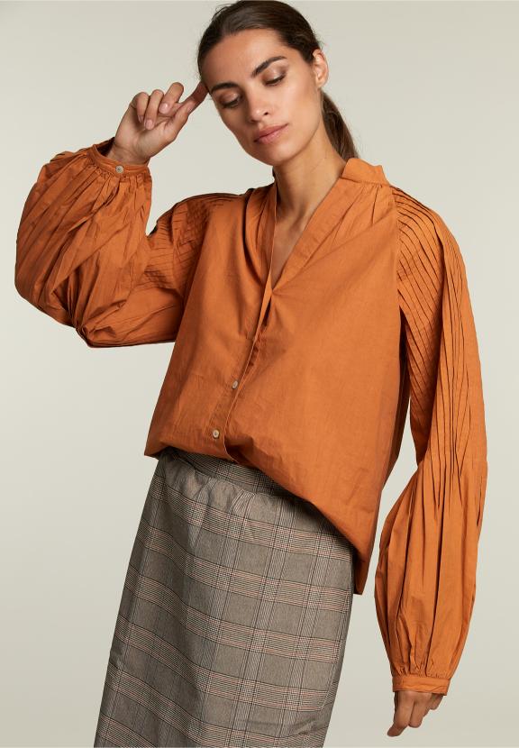 Brown Blouse Balloon Sleeves - Orange