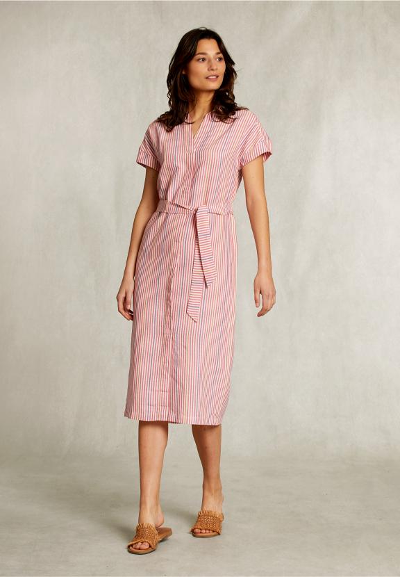 Multi Casual Striped Belted Dress - Rose