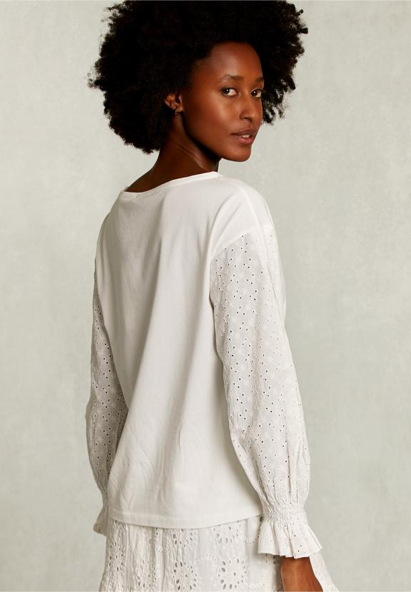 Off White T-Shirt Long Sleeves Broderie Anglaise - Blanc