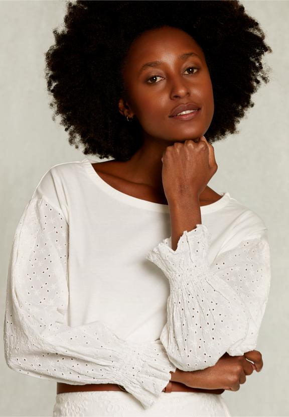 Off White T-Shirt Long Sleeves Broderie Anglaise - Blanc