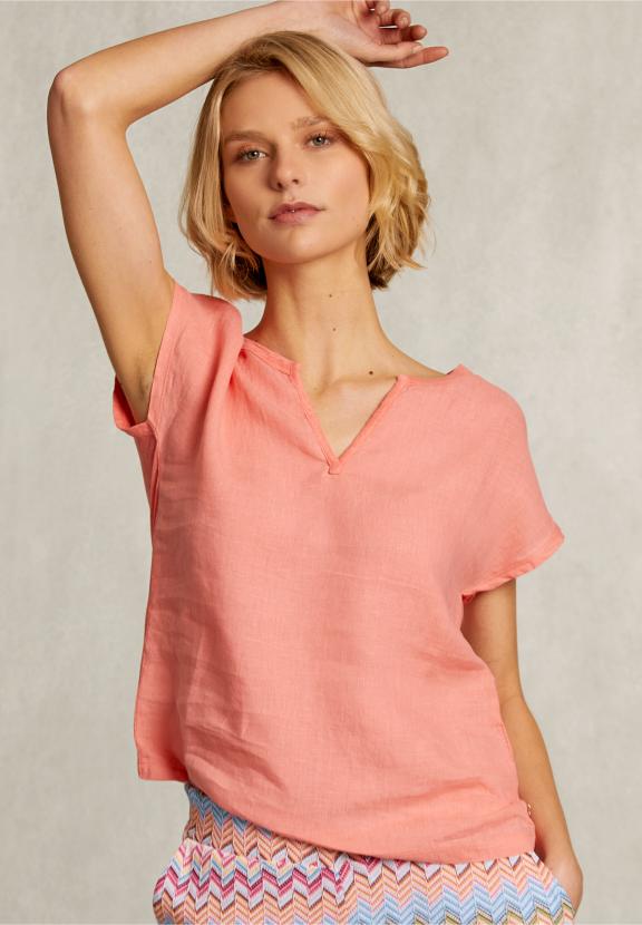 Orange Linen V-Neck T-Shirt - Oranje