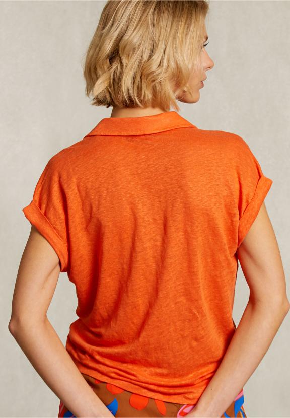 Orange Linen V-Neck T-Shirt Short Sleeves - Oranje